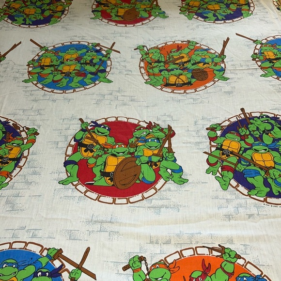 Vintage 1990 Twin Sheet Set Flat Fitted Pillowcase Teenage Mutant Ninja Turtles - Picture 2 of 10